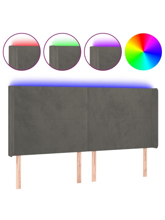 Čelo postele s LED tmavě šedé 163 x 16 x 118/128 cm samet