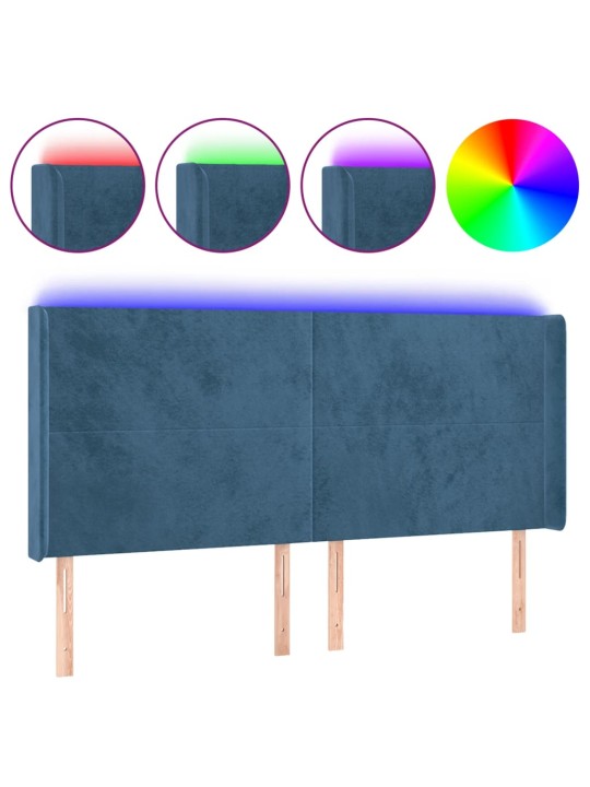 Čelo postele s led tmavě modré 163 x 16 x 118/128 cm samet