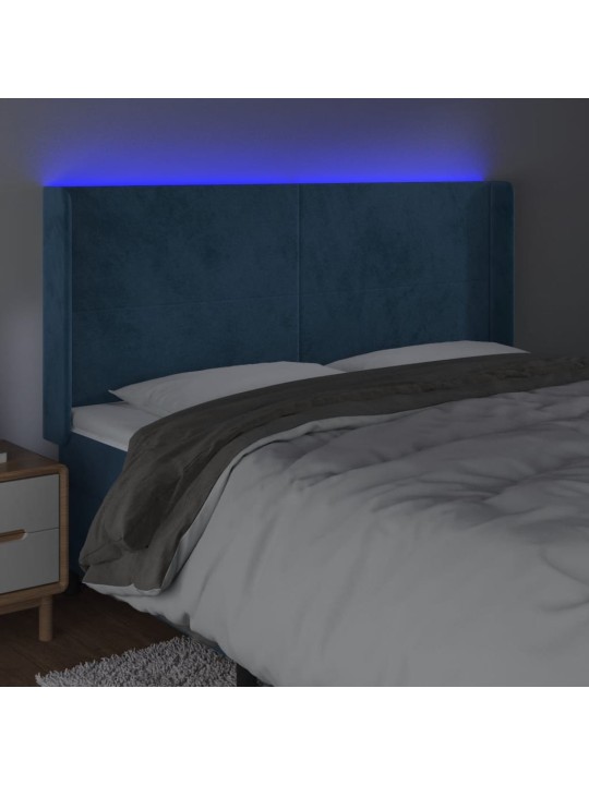 Čelo postele s led tmavě modré 163 x 16 x 118/128 cm samet