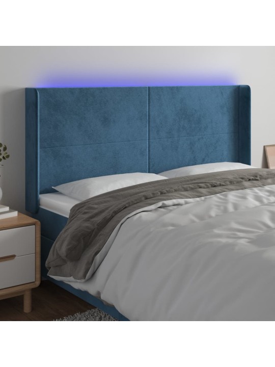 Čelo postele s led tmavě modré 163 x 16 x 118/128 cm samet