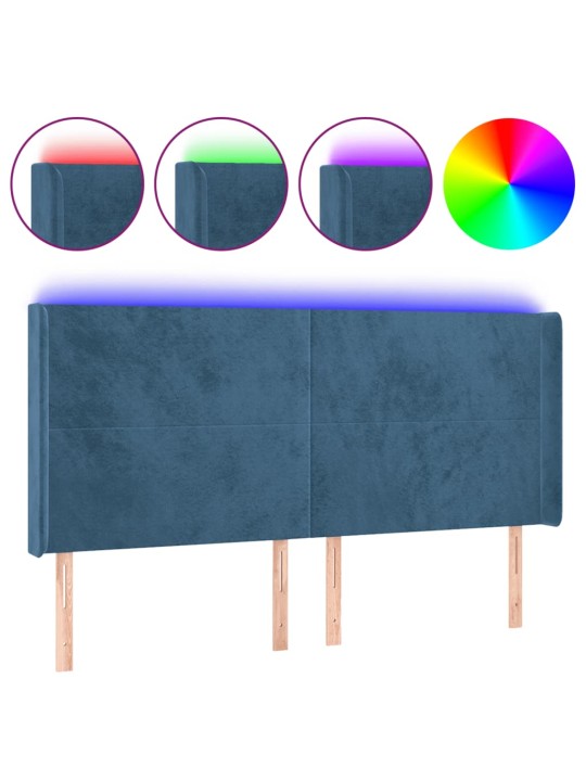 Čelo postele s led tmavě modré 183 x 16 x 118/128 cm samet