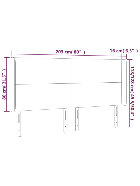 Čelo postele s LED šedé 203 x 16 x 118/128 cm umělá kůže