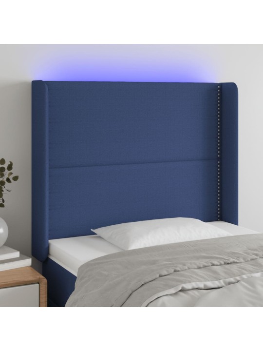 Čelo postele s LED modré 103 x 16 x 118/128 cm textil