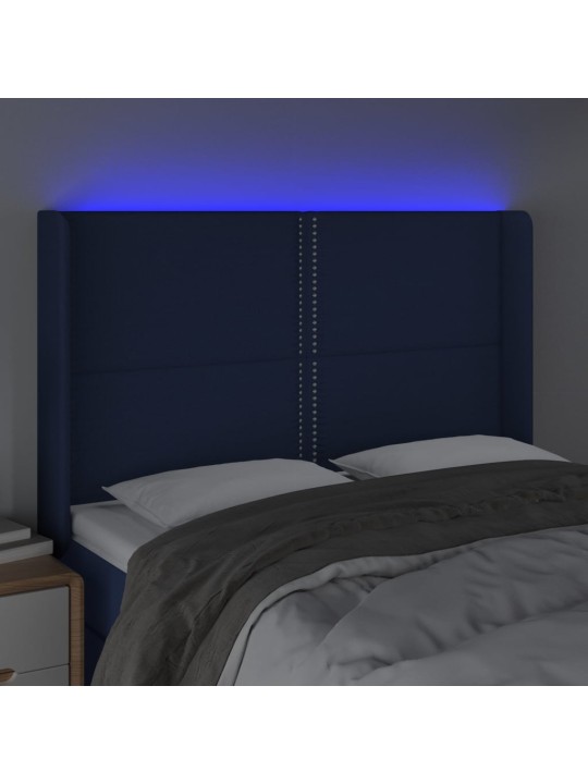 Čelo postele s LED modré 147 x 16 x 118/128 cm textil