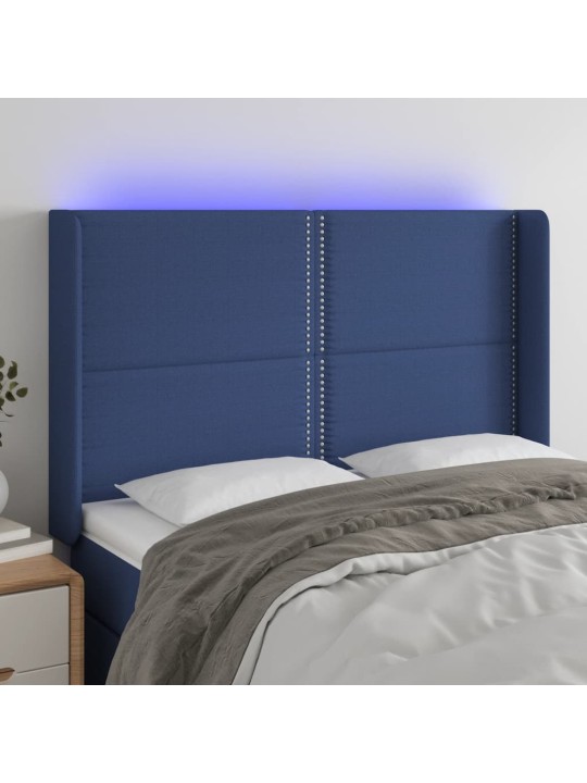 Čelo postele s LED modré 147 x 16 x 118/128 cm textil