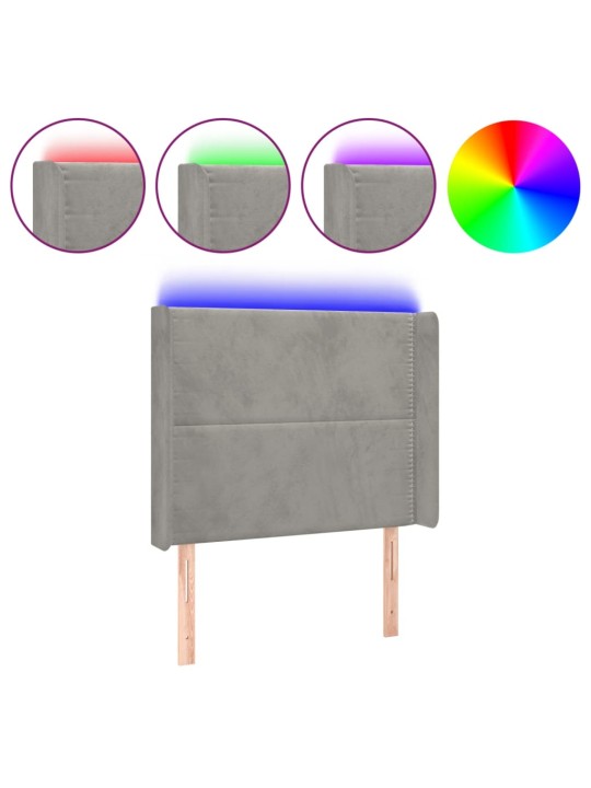 Čelo postele s LED světle šedé 103 x 16 x 118/128 cm samet