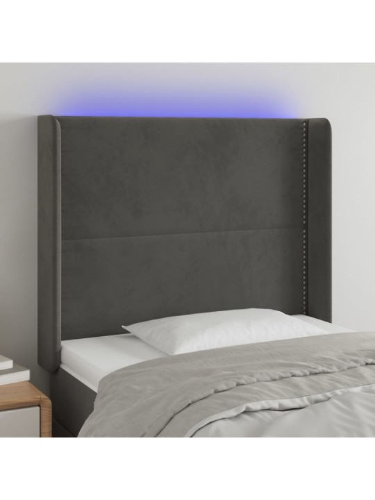 Čelo postele s LED tmavě šedé 103 x 16 x 118/128 cm samet