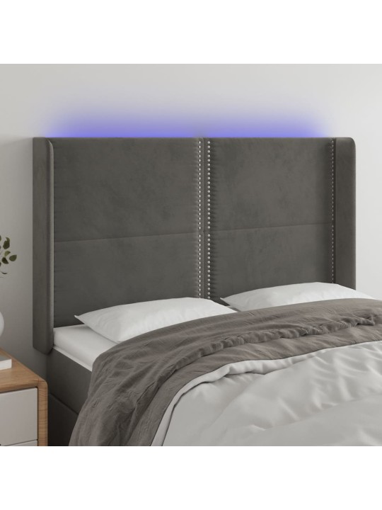 Čelo postele s LED tmavě šedé 147 x 16 x 118/128 cm samet