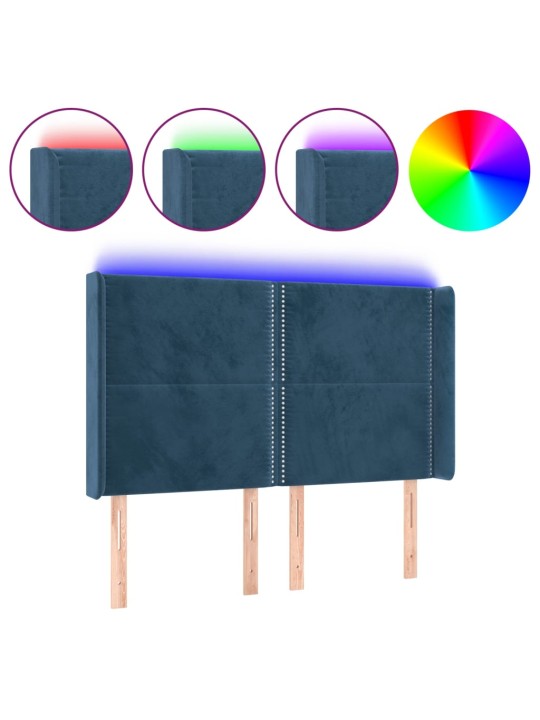 Čelo postele s led tmavě modré 147 x 16 x 118/128 cm samet