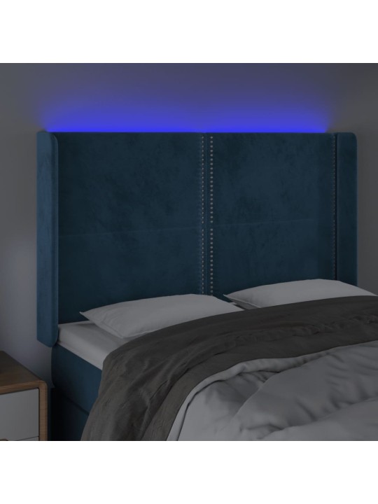 Čelo postele s led tmavě modré 147 x 16 x 118/128 cm samet