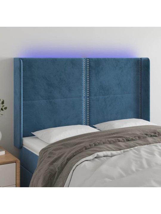 Čelo postele s led tmavě modré 147 x 16 x 118/128 cm samet