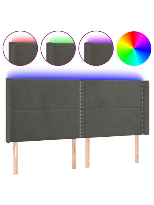 Čelo postele s LED tmavě šedé 163 x 16 x 118/128 cm samet