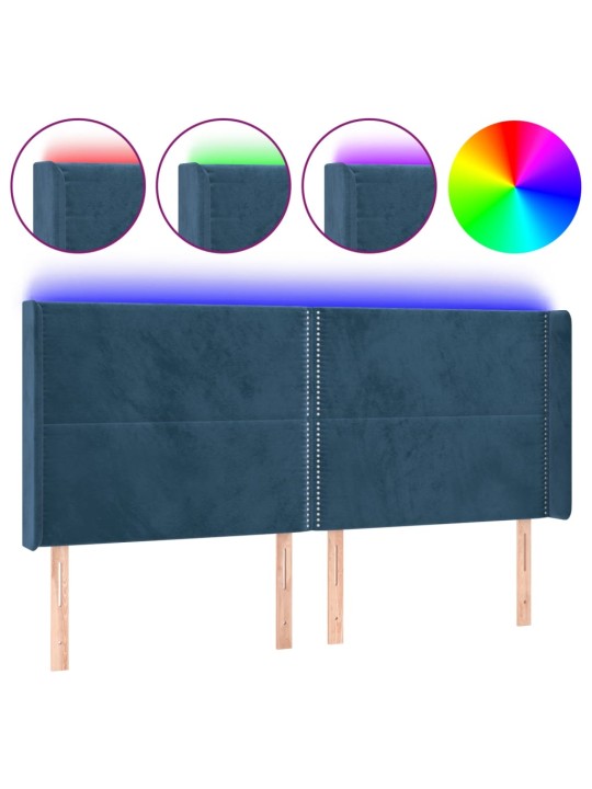 Čelo postele s led tmavě modré 163 x 16 x 118/128 cm samet