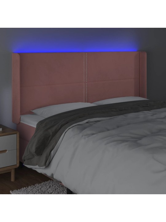 Čelo postele s led růžové 163 x 16 x 118/128 cm samet