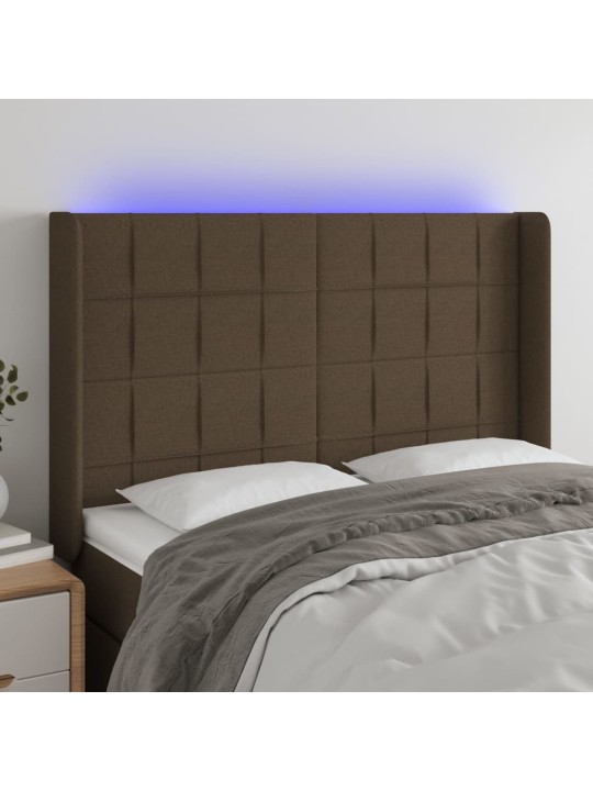 Čelo postele s led tmavě hnědé 147 x 16 x 118/128 cm textil