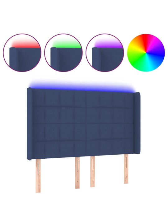 Čelo postele s LED modré 147 x 16 x 118/128 cm textil