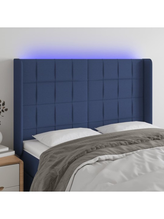 Čelo postele s LED modré 147 x 16 x 118/128 cm textil