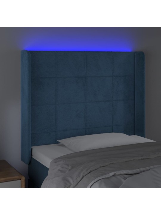 Čelo postele s led tmavě modré 93 x 16 x 118/128 cm samet