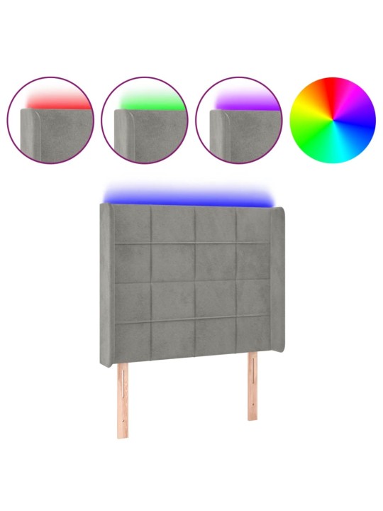 Čelo postele s LED světle šedé 103 x 16 x 118/128 cm samet
