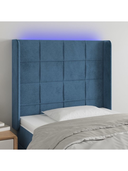 Čelo postele s LED tmavě modré 103 x 16 x 118/128 cm textil