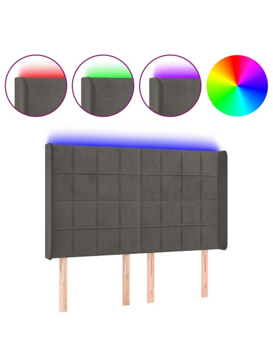 Čelo postele s LED tmavě šedé 147 x 16 x 118/128 cm samet