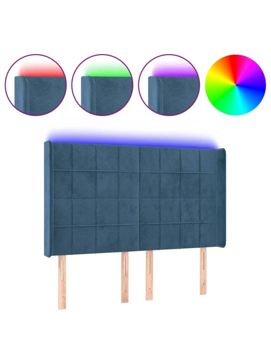 Čelo postele s led tmavě modré 147 x 16 x 118/128 cm samet