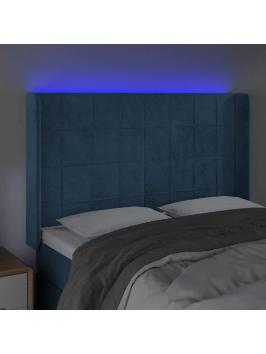 Čelo postele s led tmavě modré 147 x 16 x 118/128 cm samet