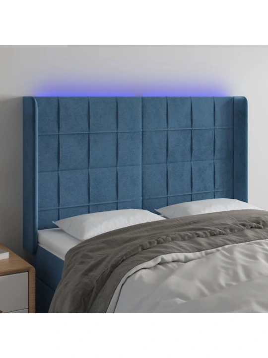 Čelo postele s led tmavě modré 147 x 16 x 118/128 cm samet