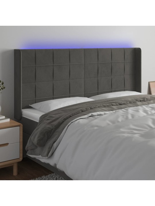 Čelo postele s LED tmavě šedé 163 x 16 x 118/128 cm samet