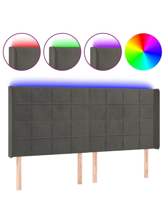 Čelo postele s LED tmavě šedé 183 x 16 x 118/128 cm samet