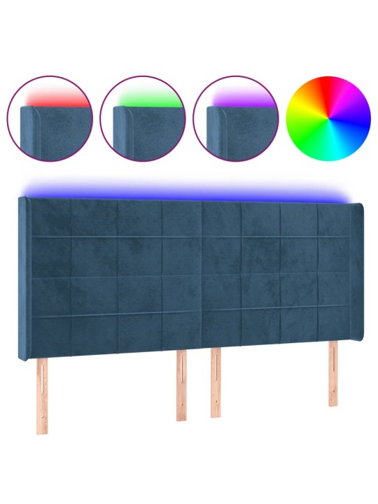 Čelo postele s led tmavě modré 183 x 16 x 118/128 cm samet