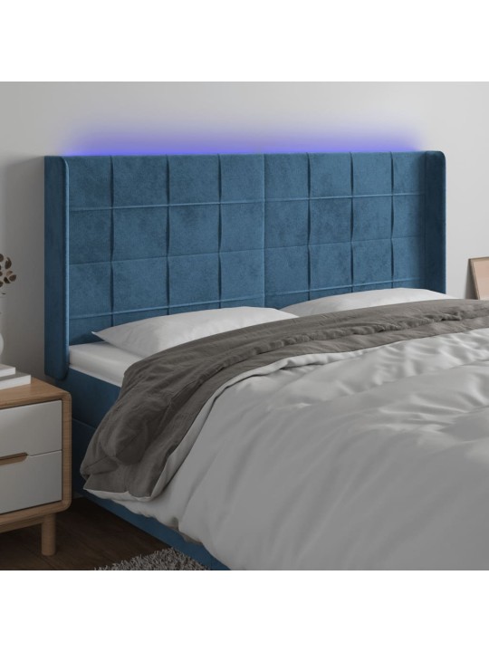 Čelo postele s LED tmavě modré 203 x 16 x 118/128 cm samet