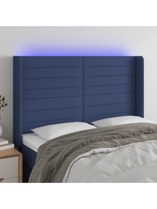 Čelo postele s LED modré 147 x 16 x 118/128 cm textil