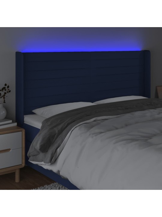 Čelo postele s led modré 163 x 16 x 118/128 cm textil