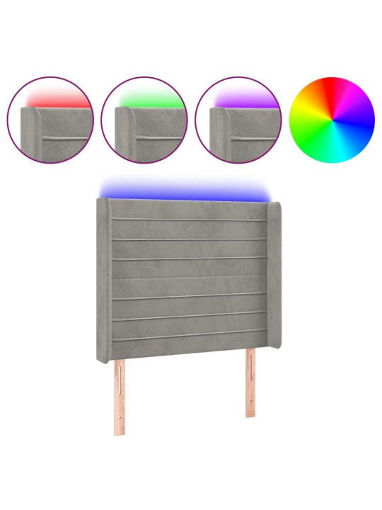 Čelo postele s LED světle šedé 103 x 16 x 118/128 cm samet