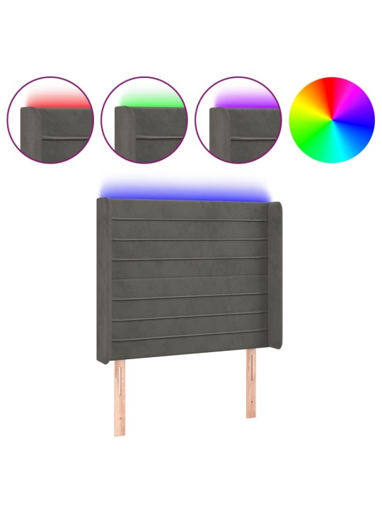 Čelo postele s LED tmavě šedé 103 x 16 x 118/128 cm samet