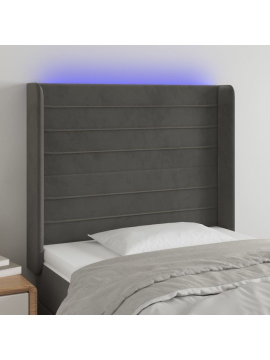 Čelo postele s LED tmavě šedé 103 x 16 x 118/128 cm samet