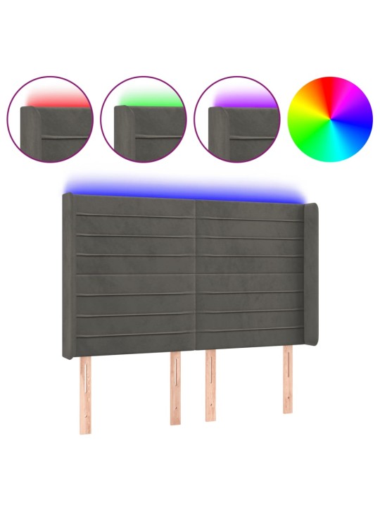 Čelo postele s LED tmavě šedé 147 x 16 x 118/128 cm samet