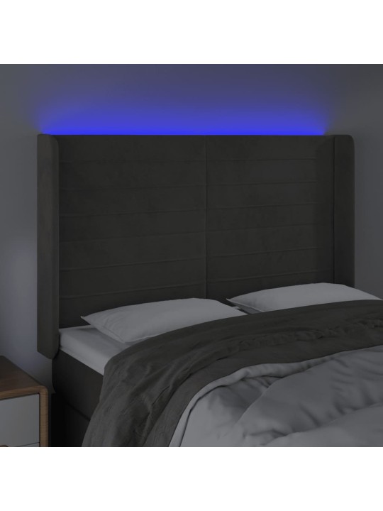 Čelo postele s LED tmavě šedé 147 x 16 x 118/128 cm samet