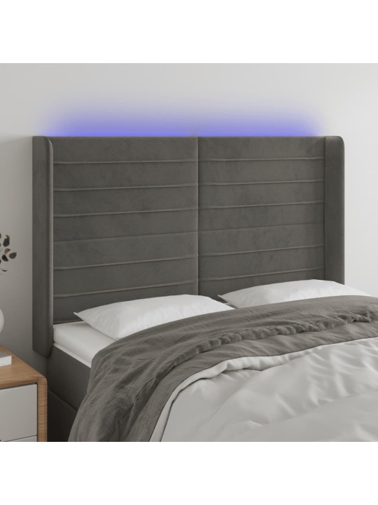Čelo postele s LED tmavě šedé 147 x 16 x 118/128 cm samet