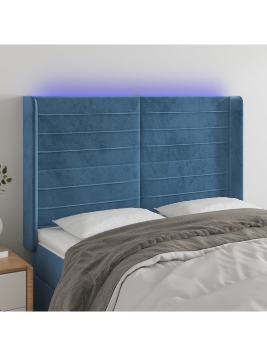 Čelo postele s led tmavě modré 147 x 16 x 118/128 cm samet