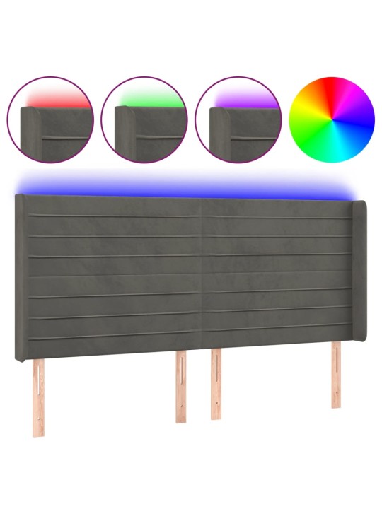Čelo postele s LED tmavě šedé 163 x 16 x 118/128 cm samet