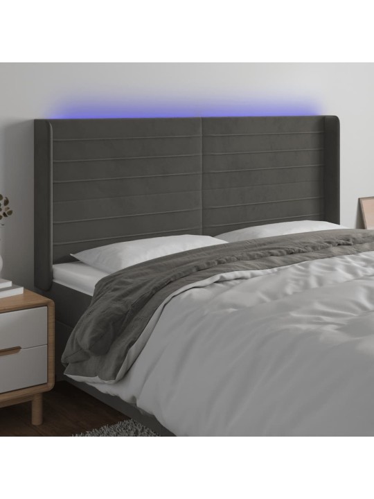 Čelo postele s LED tmavě šedé 163 x 16 x 118/128 cm samet