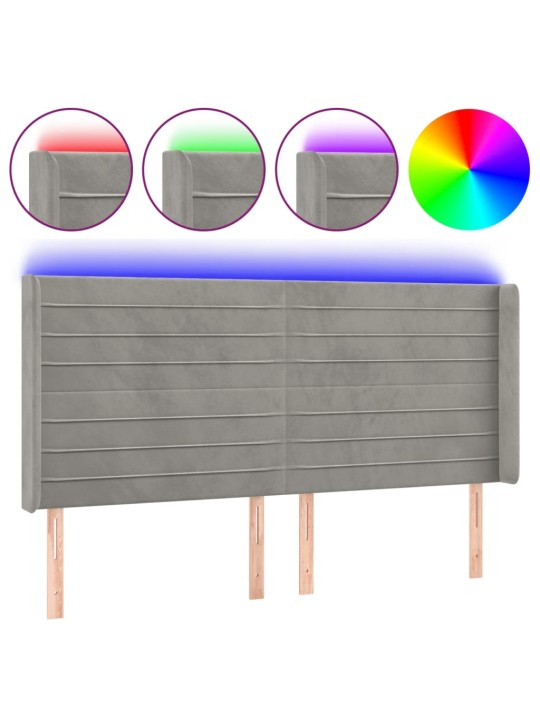 Čelo postele s LED světle šedé 183 x 16 x 118/128 cm samet