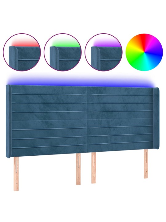 Čelo postele s led tmavě modré 183 x 16 x 118/128 cm samet