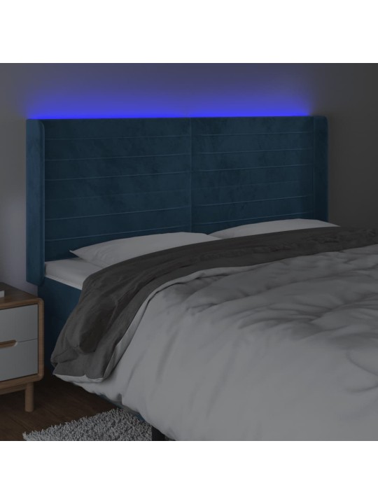 Čelo postele s led tmavě modré 183 x 16 x 118/128 cm samet