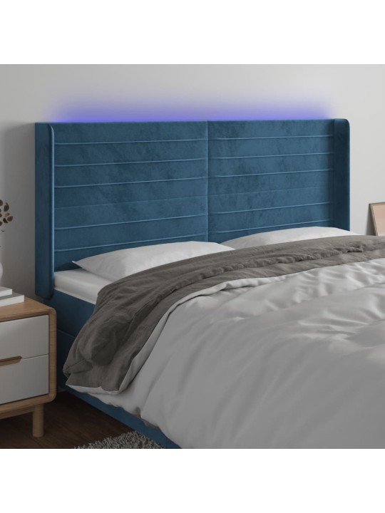 Čelo postele s led tmavě modré 183 x 16 x 118/128 cm samet