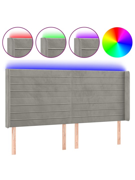 Čelo postele s LED světle šedé 203 x 16 x 118/128 cm samet
