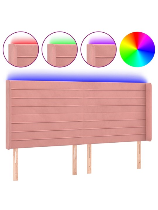 Čelo postele s LED růžové 203 x 16 x 118/128 cm samet