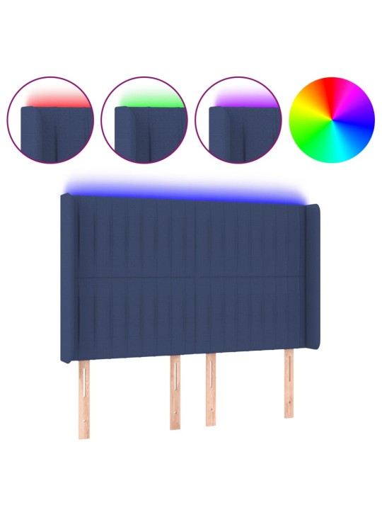 Čelo postele s LED modré 147 x 16 x 118/128 cm textil